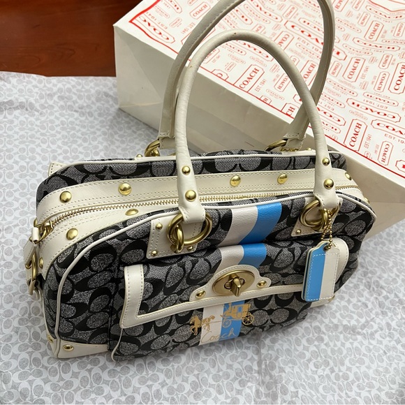 RARE- Coach Monogram Leather Gold Trim Satchel Purse Designer Heritage Handbag - Picture 15 of 16